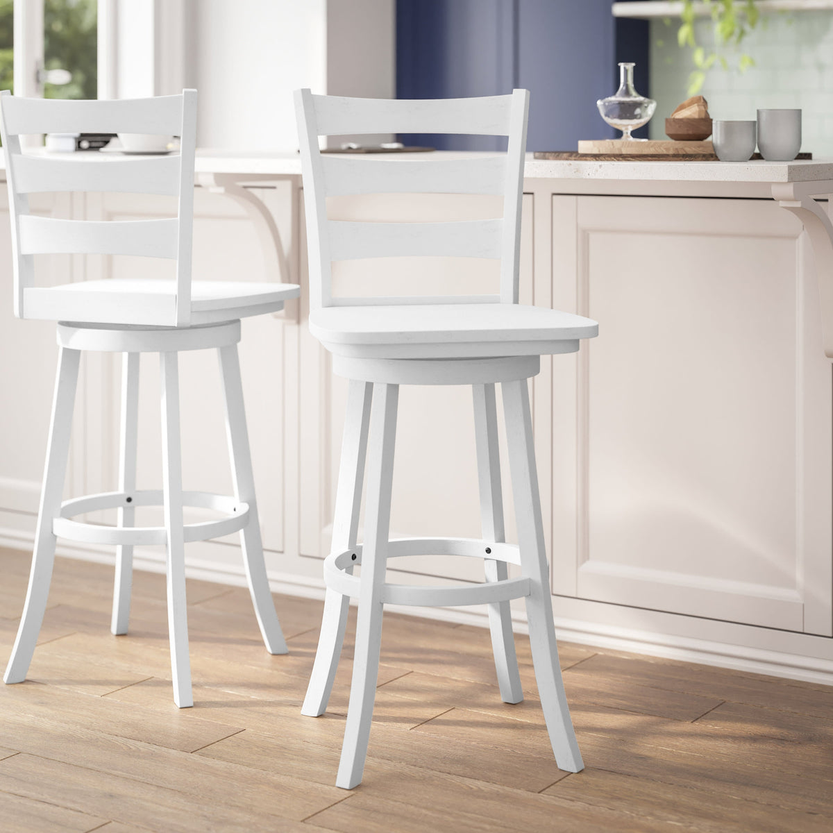 White Wash |#| Commercial Wooden Swivel Bar Height Stool in Antique White Wash
