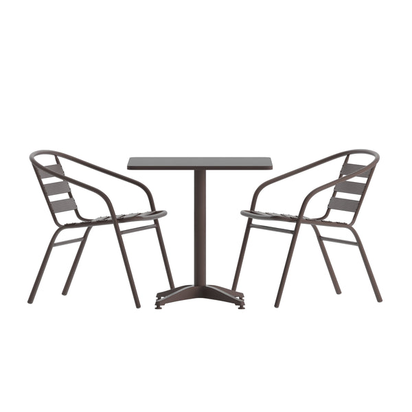 Bronze |#| Modern 23.5" Square Glass Framed Glass Table with 2 Bronze Slat Back Chairs