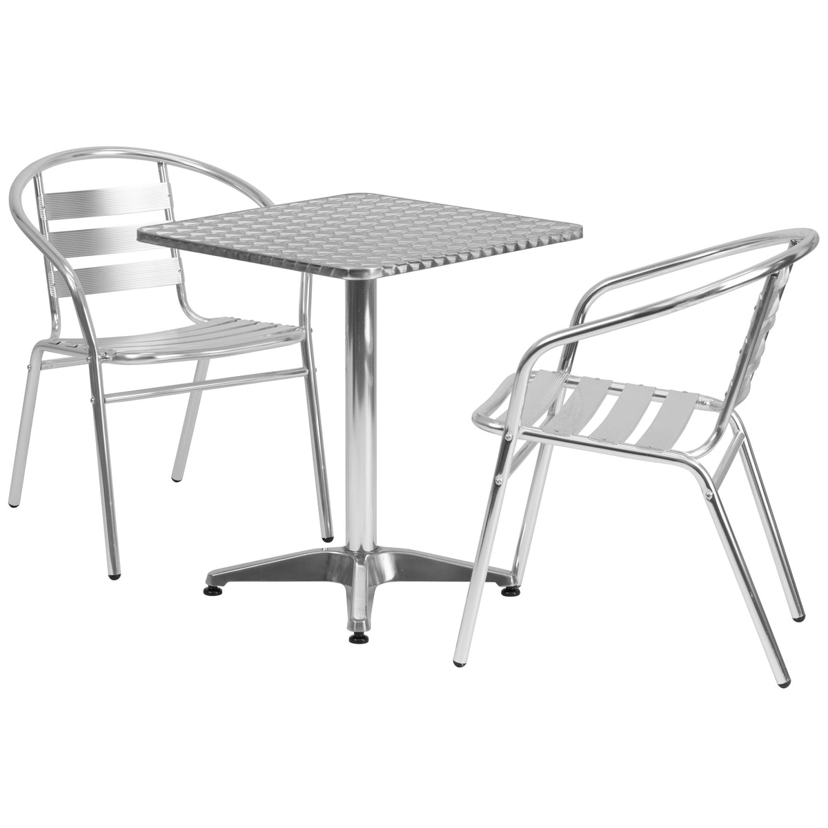 Aluminum |#| 23.5" Square Aluminum Indoor-Outdoor Table Set with 2 Slat Back Chairs