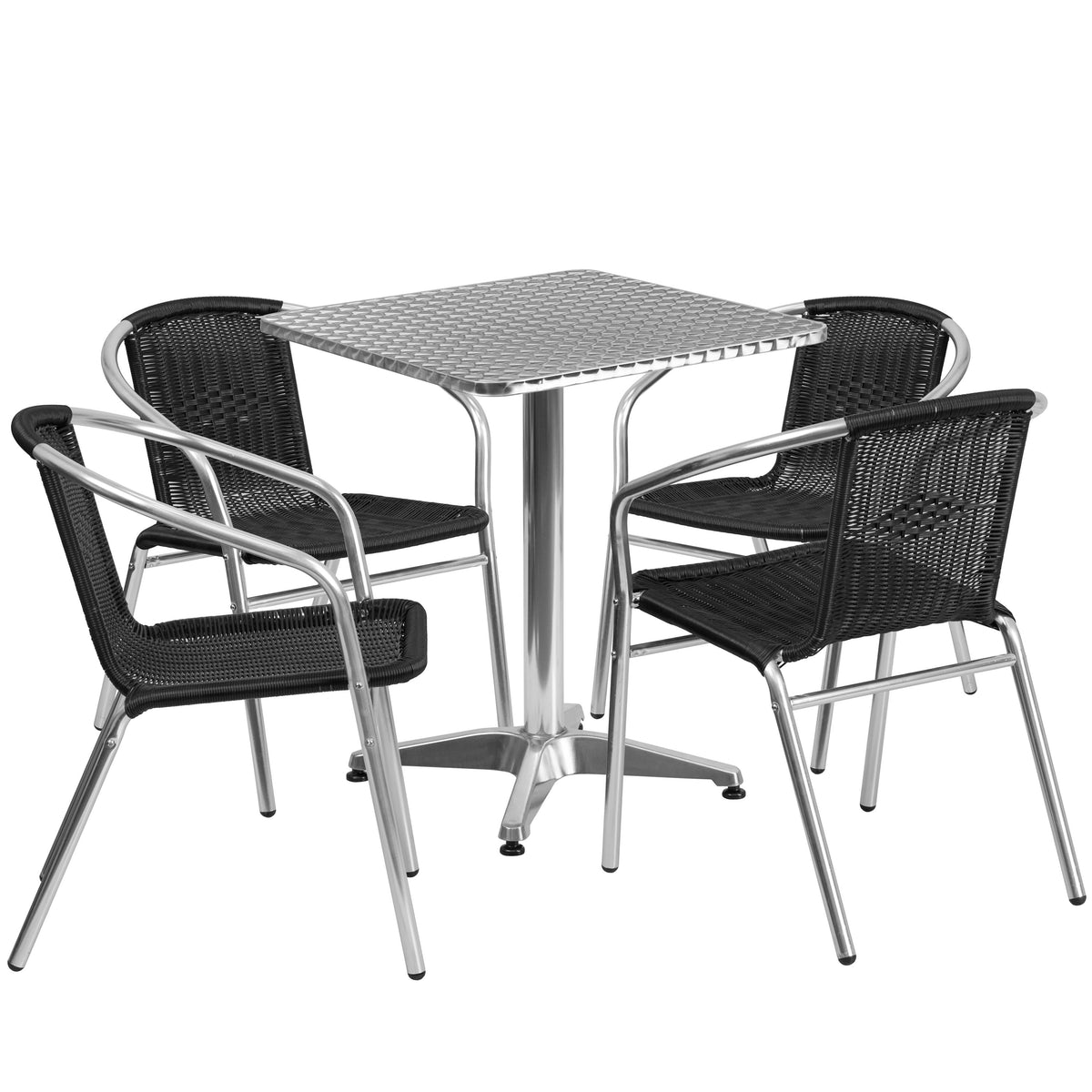 Black |#| 23.5inch Square Aluminum Indoor-Outdoor Table Set with 4 Black Rattan Chairs