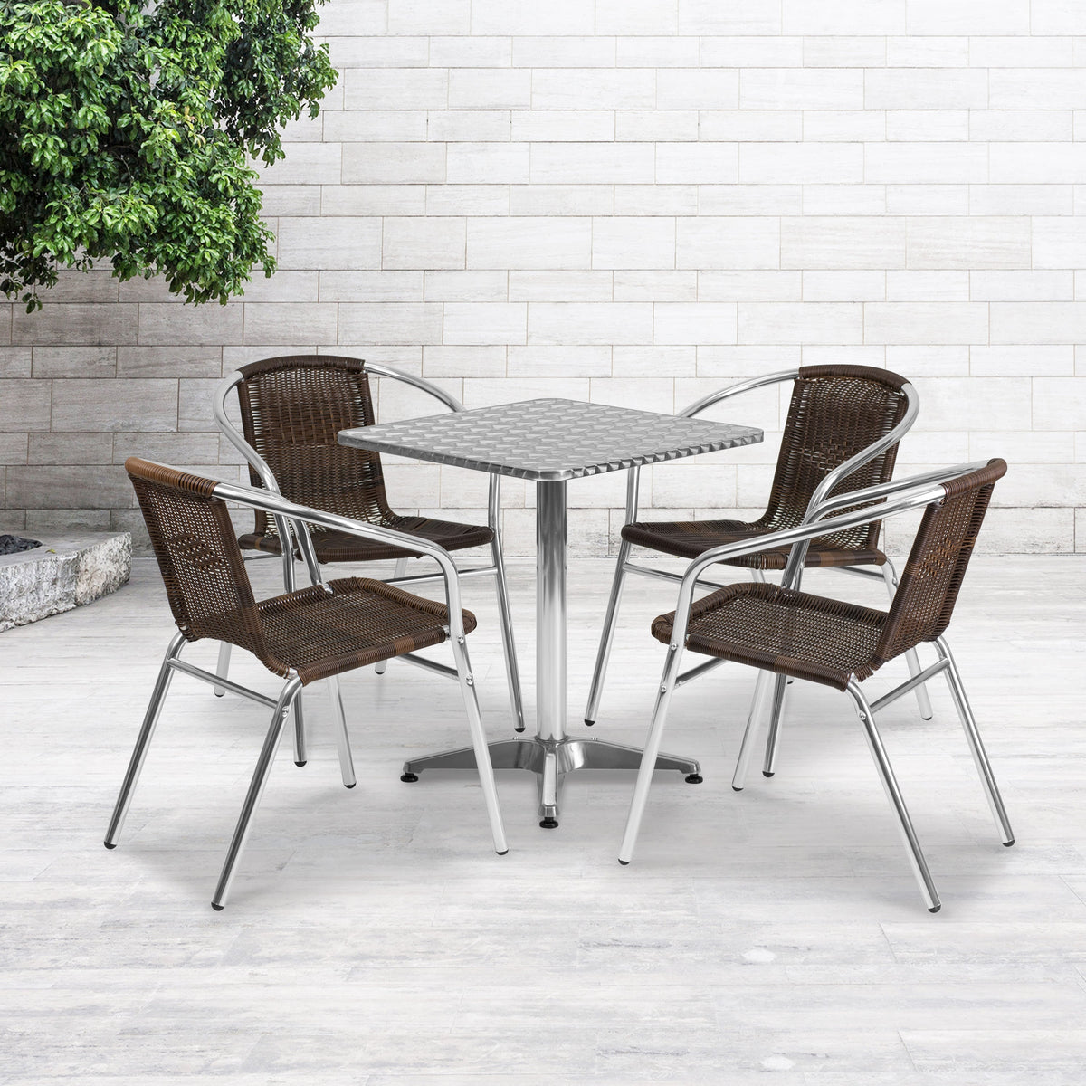 Dark Brown |#| 23.5inch Square Aluminum Indoor-Outdoor Table Set with 4 Dark Brown Rattan Chairs