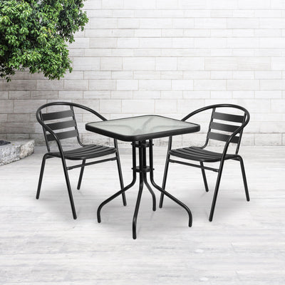 Lila 23.5'' Square Glass Metal Table with 2 Metal Aluminum Slat Stack Chairs