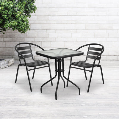 Lila 23.5'' Square Glass Metal Table with 2 Metal Aluminum Slat Stack Chairs - View 2