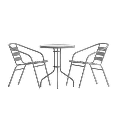 Lila 23.75'' Round Glass Metal Table with 2 Metal Aluminum Slat Stack Chairs