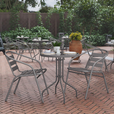 Lila 23.75'' Round Glass Metal Table with 2 Metal Aluminum Slat Stack Chairs - View 2