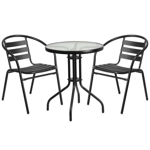 Black |#| 23.75inch Round Glass Metal Table with 2 Black Metal Aluminum Slat Stack Chairs