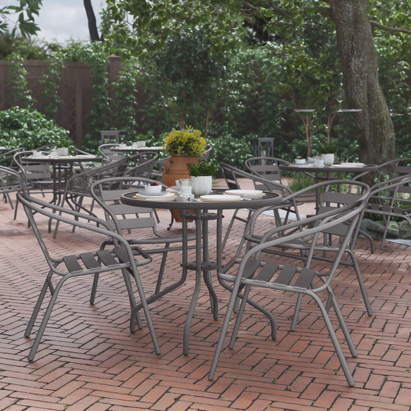 Silver |#| Modern 31.5inch Round Glass Framed Glass Table with 4 Silver Slat Back Chairs