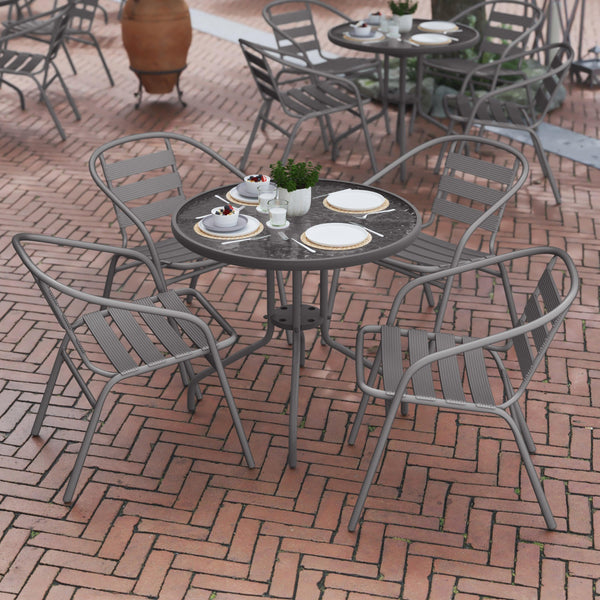 Silver |#| Modern 31.5inch Round Glass Framed Glass Table with 4 Silver Slat Back Chairs
