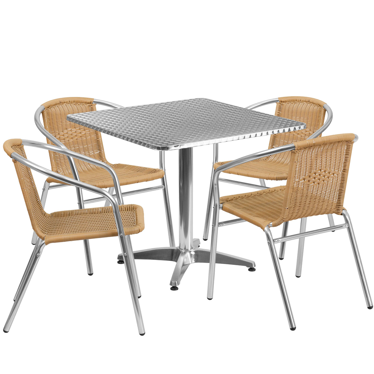 Beige |#| 31.5inch Square Aluminum Indoor-Outdoor Table Set with 4 Beige Rattan Chairs