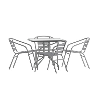 Lila 31.5'' Square Glass Metal Table with 4 Metal Aluminum Slat Stack Chairs