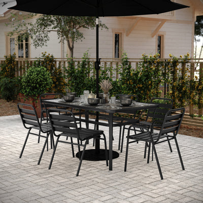 Lila 7 Piece Commercial Outdoor Patio Dining Set with Glass Patio Table, 4 Triple Slat Chairs, and 2 Triple Slat Chairs with Arms