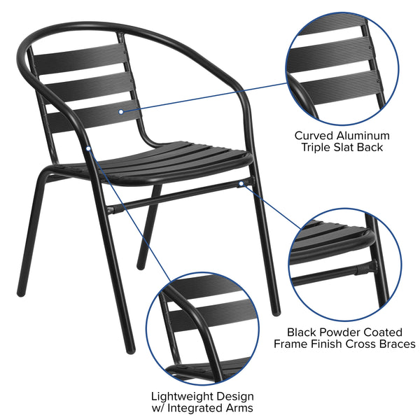 Black |#| Black Metal Restaurant Stack Chair with Curved Back and Aluminum Slats