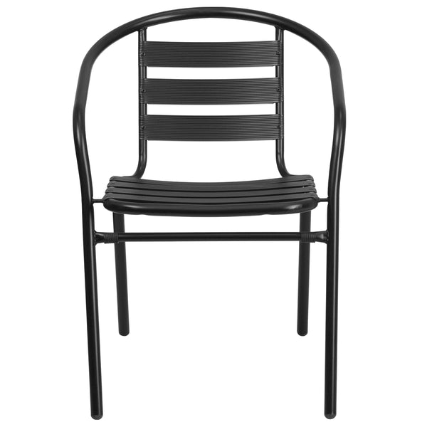 Black |#| Black Metal Restaurant Stack Chair with Curved Back and Aluminum Slats