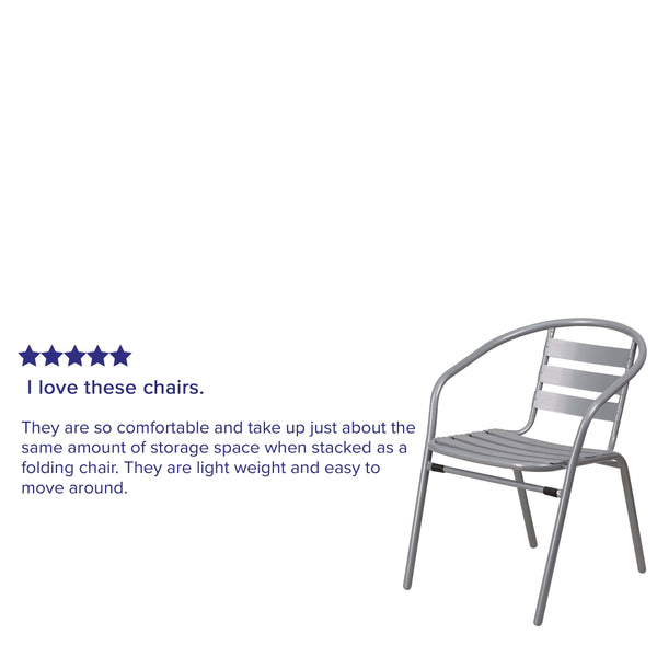 Silver |#| Silver Metal Restaurant Stack Chair with Curved Back and Aluminum Slats