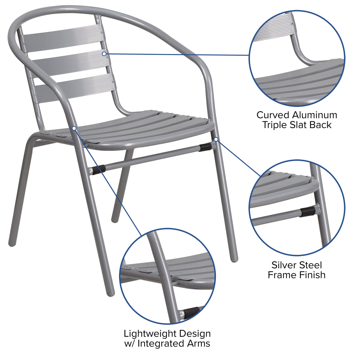 Silver |#| Silver Metal Restaurant Stack Chair with Curved Back and Aluminum Slats