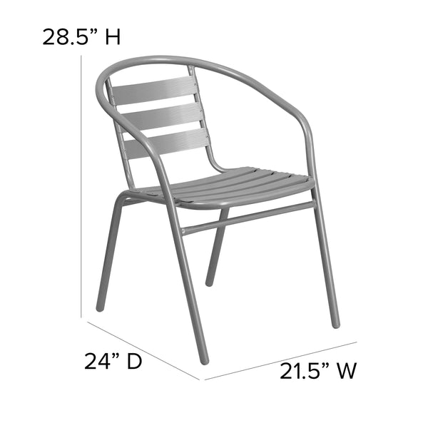 Silver |#| Silver Metal Restaurant Stack Chair with Curved Back and Aluminum Slats