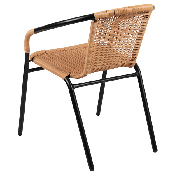 Beige |#| Beige Rattan Indoor-Outdoor Restaurant Stack Chair with Curved Back