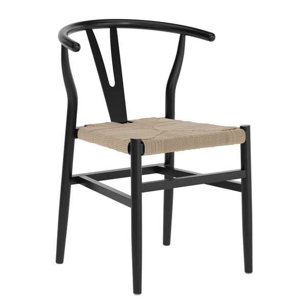 Black Frame/Natural Seat |#| Commercial Wishbone Style Wood and Kraft Paper Stack Dining Chair-Black/Natural