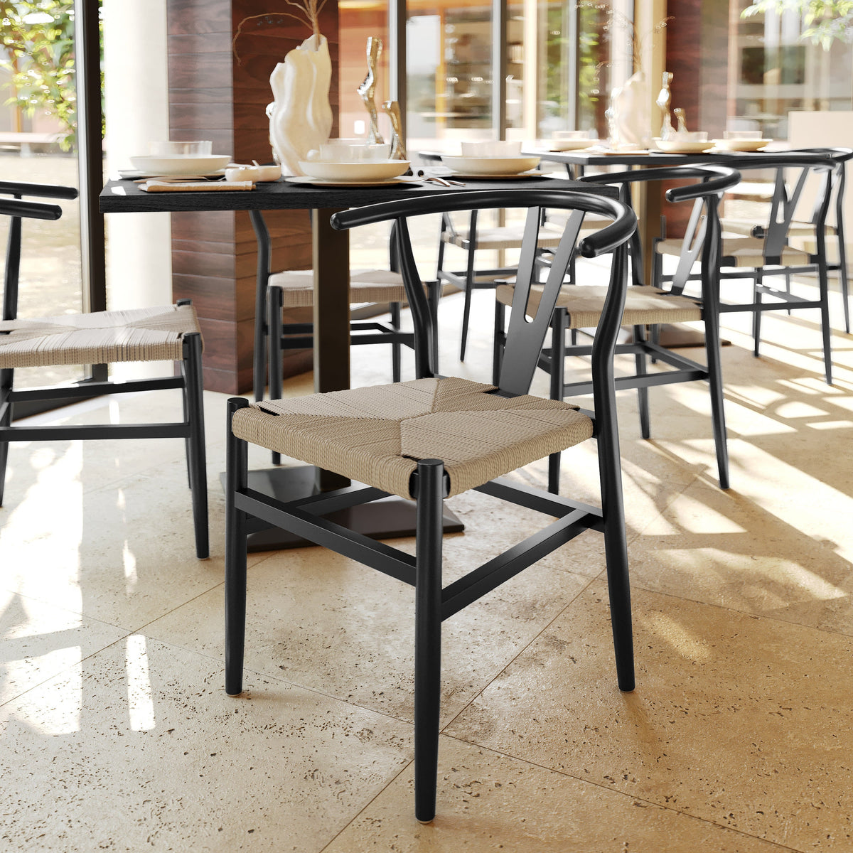 Black Frame/Natural Seat |#| Commercial Wishbone Style Wood and Kraft Paper Stack Dining Chair-Black/Natural