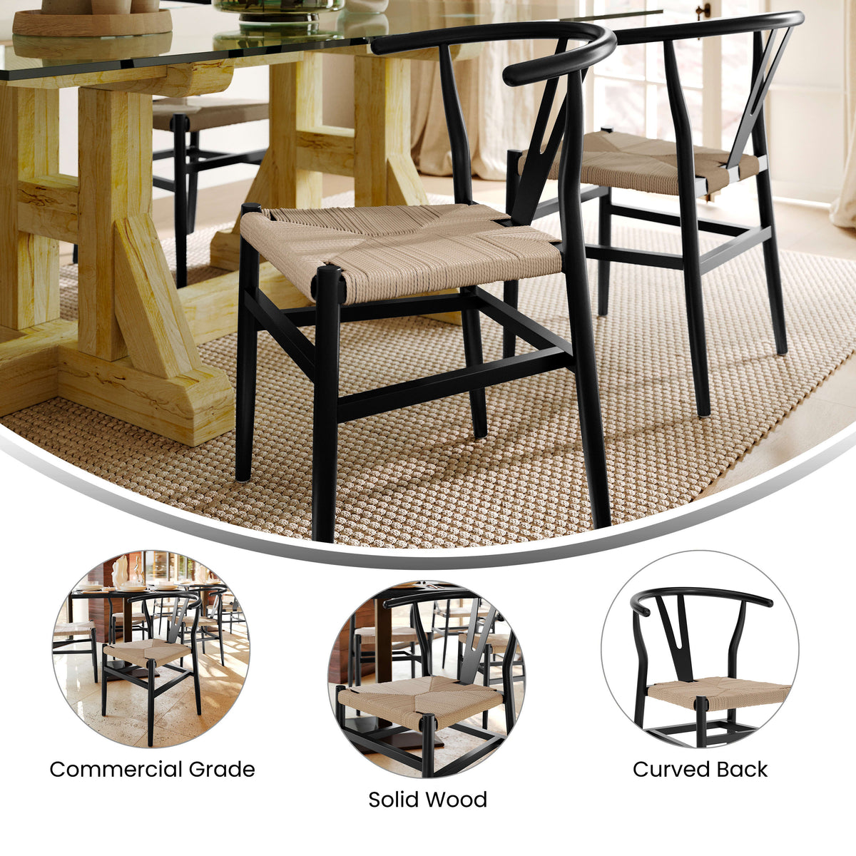 Black Frame/Natural Seat |#| Commercial Wishbone Style Wood and Kraft Paper Stack Dining Chair-Black/Natural