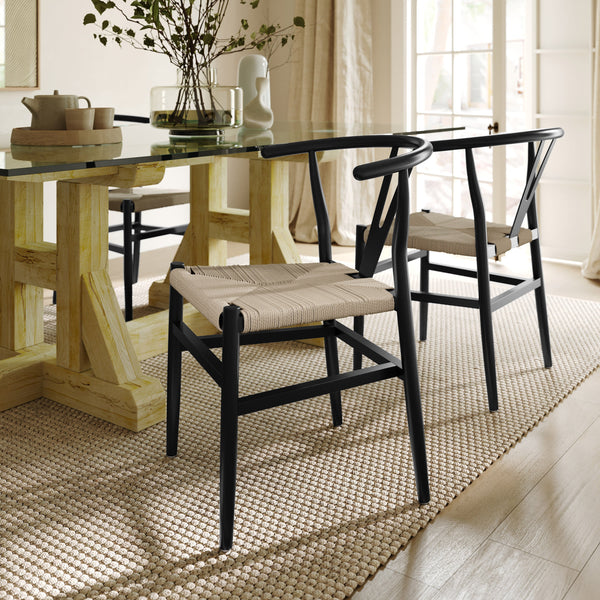 Black Frame/Natural Seat |#| Commercial Wishbone Style Wood and Kraft Paper Stack Dining Chair-Black/Natural