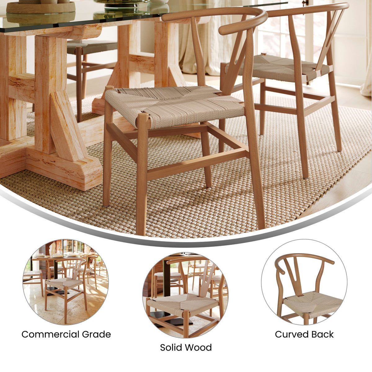 Oak Frame/Natural Seat |#| Commercial Wishbone Style Wood and Kraft Paper Stack Dining Chair in Oak/Natural