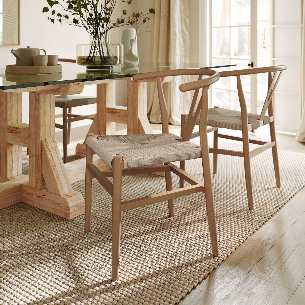 Oak Frame/Natural Seat |#| Commercial Wishbone Style Wood and Kraft Paper Stack Dining Chair in Oak/Natural