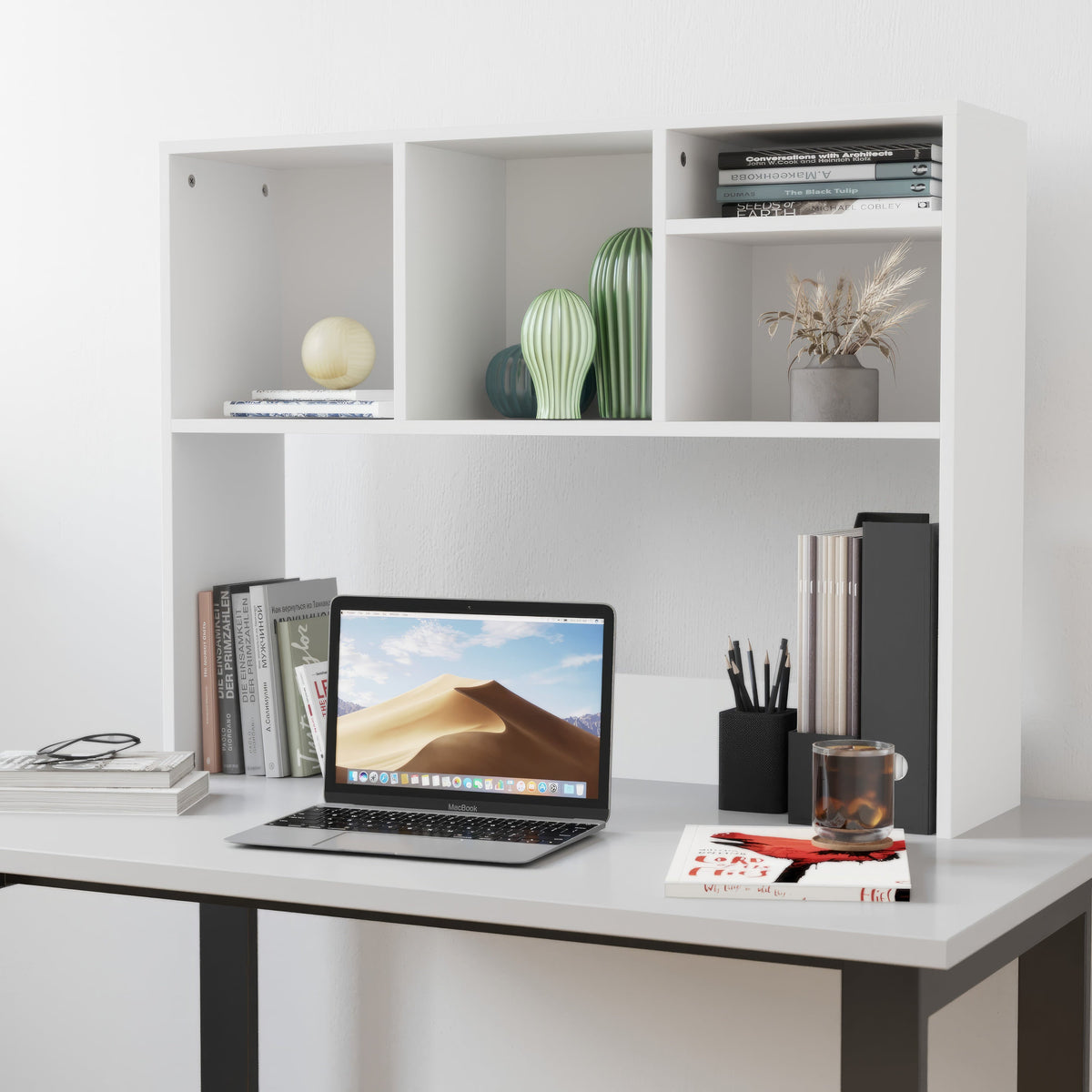 White |#| Space-Saving Desktop Bookshelf Storage Organizer with Assorted Cubbies in White