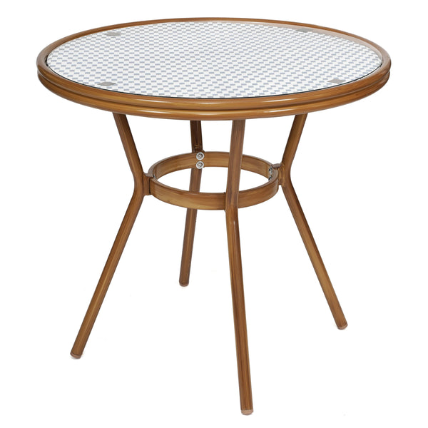 White & Navy Rattan/Natural Frame |#| Indoor/Outdoor Commercial Glass Top French Bistro Table in White/Navy