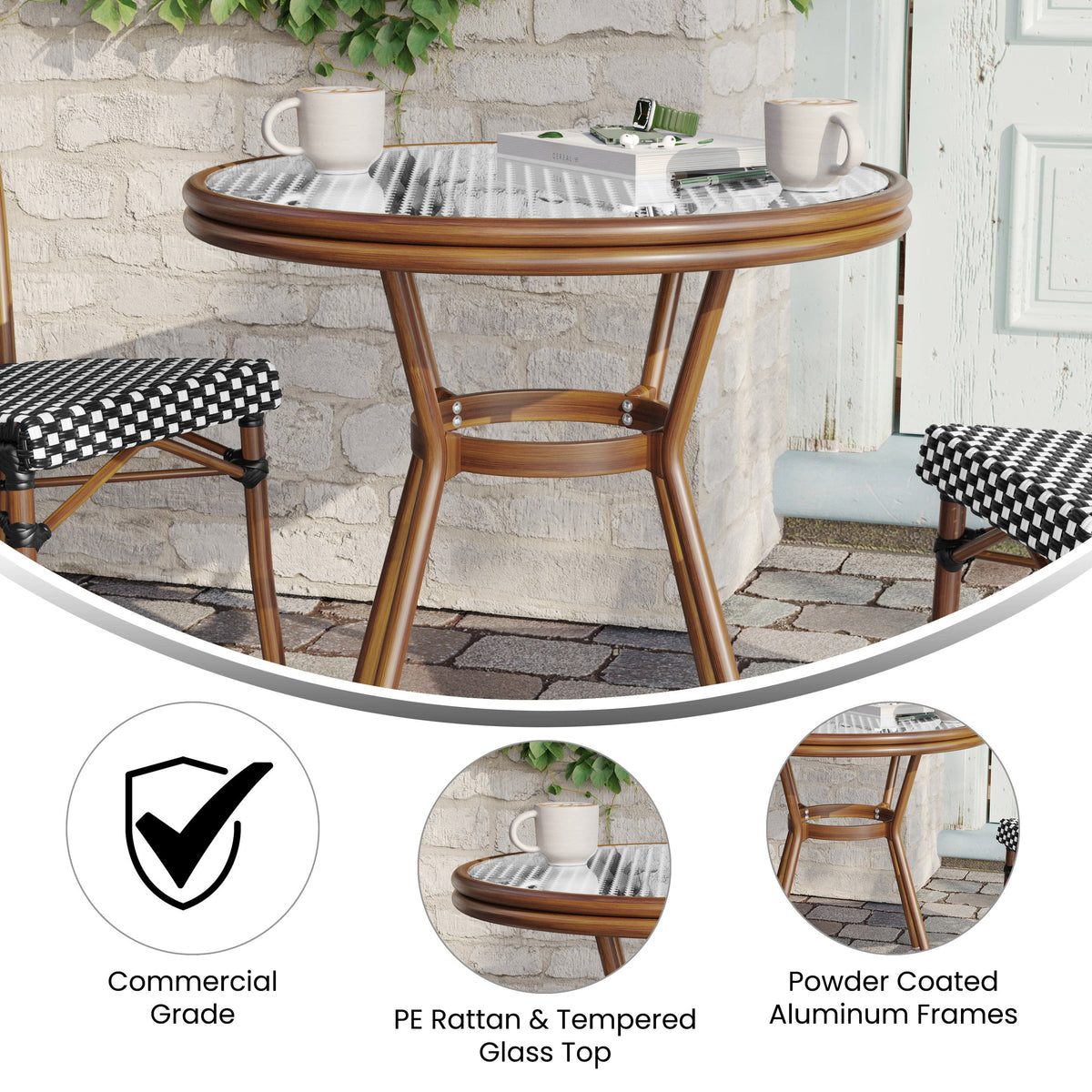 Black & White Rattan/Natural Frame |#| Indoor/Outdoor Commercial Glass Top French Bistro Table in Black/White