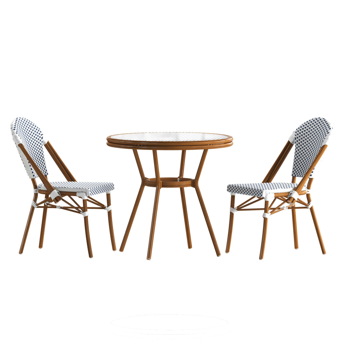 White & Navy Rattan/Natural Frame |#| Indoor/Outdoor Commercial French Bistro Set with Table and 2 Chairs in Wht/Navy