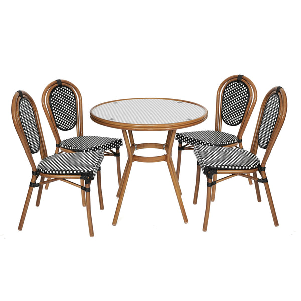 Indoor/Outdoor Commercial French Bistro Set with Table and 4 Chairs in Blk/Wht