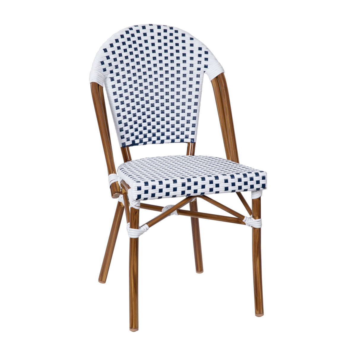 White & Navy Rattan/Natural Frame |#| Indoor/Outdoor Commercial French Bistro Set with Table and 4 Chairs in Wht/Navy