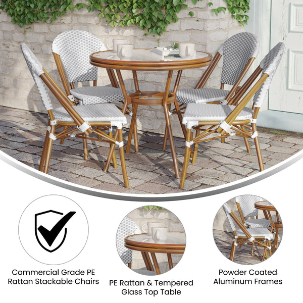 White & Gray Rattan/Natural Frame |#| Indoor/Outdoor Commercial French Bistro Set with Table and 4 Chairs in Wht/Gray