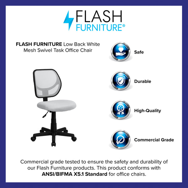 White |#| Low Back White Transparent Mesh Back Adjustable Height Swivel Task Office Chair