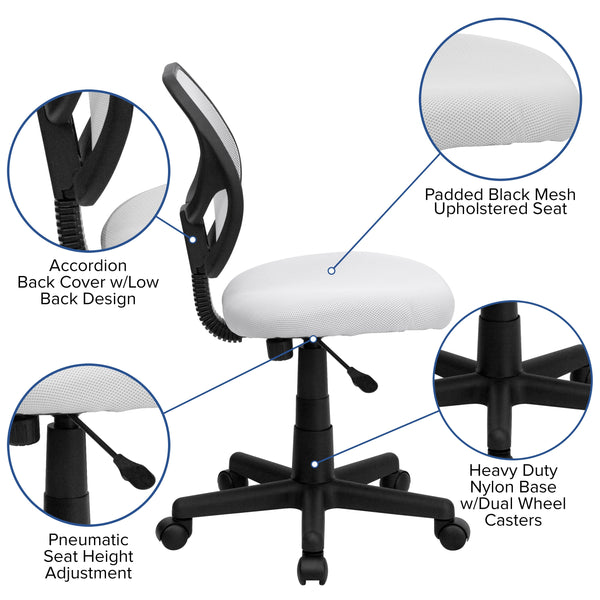 White |#| Low Back White Transparent Mesh Back Adjustable Height Swivel Task Office Chair