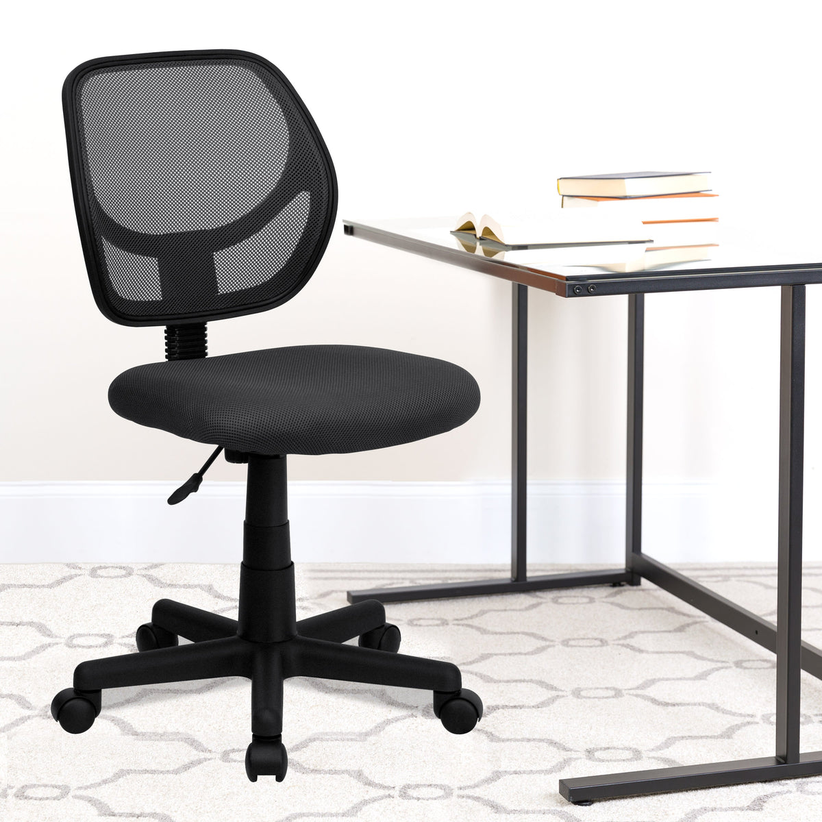 Gray |#| Low Back Gray Transparent Mesh Swivel Task Office Chair with Curved Square Back