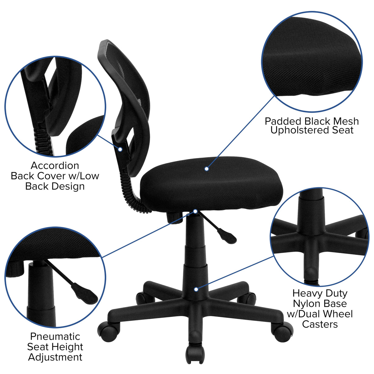 Black |#| Low Back Black Mesh Swivel Task Office Chair with Curved Square Back