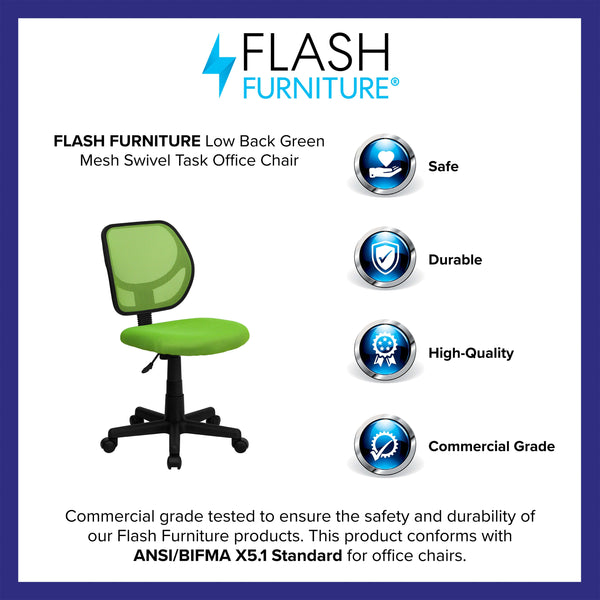 Green |#| Low Back Green Transparent Mesh Back Adjustable Height Swivel Task Office Chair