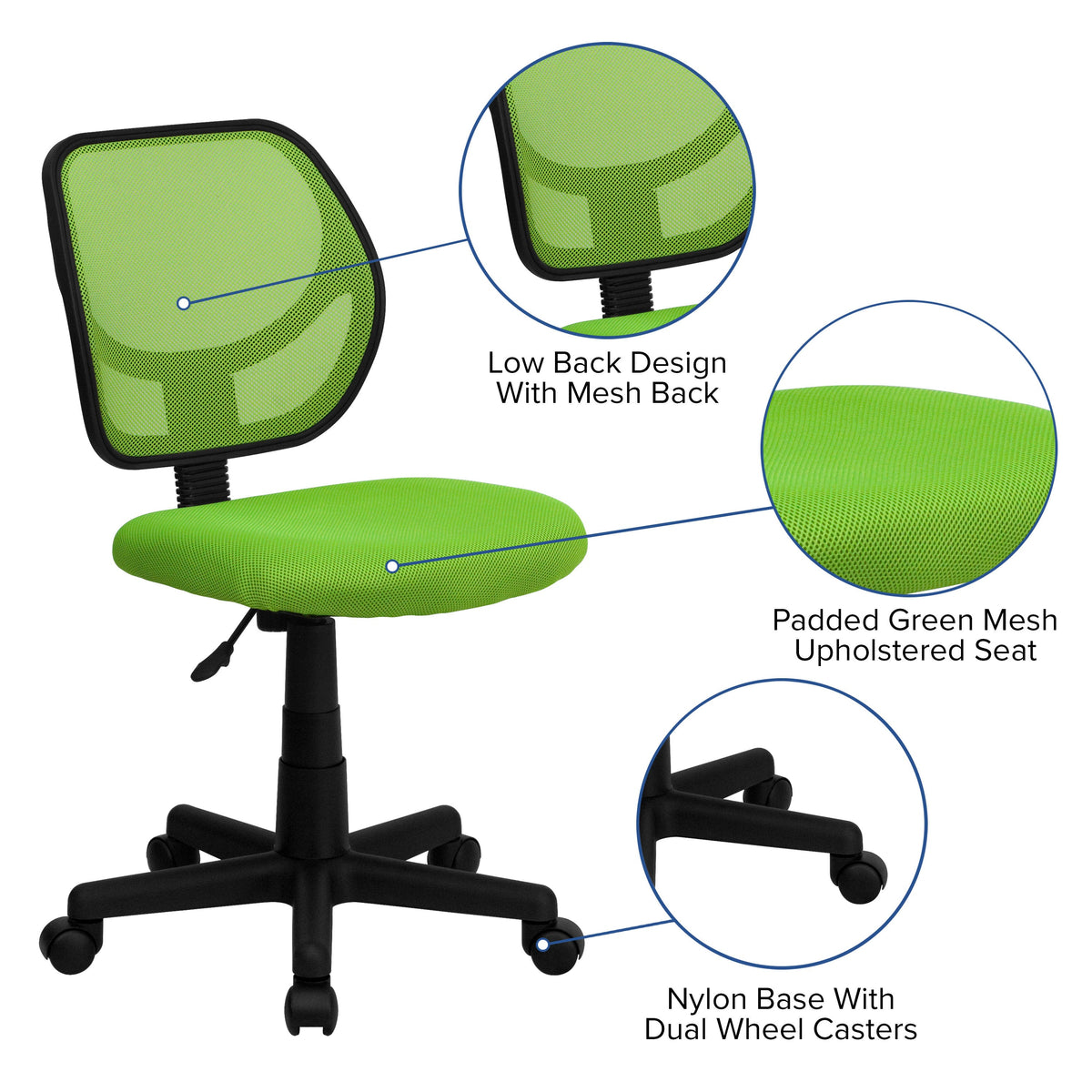 Green |#| Low Back Green Transparent Mesh Back Adjustable Height Swivel Task Office Chair