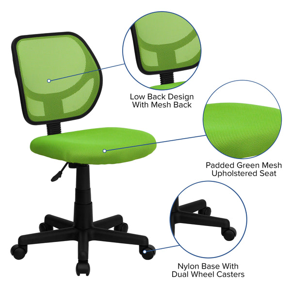 Green |#| Low Back Green Transparent Mesh Back Adjustable Height Swivel Task Office Chair