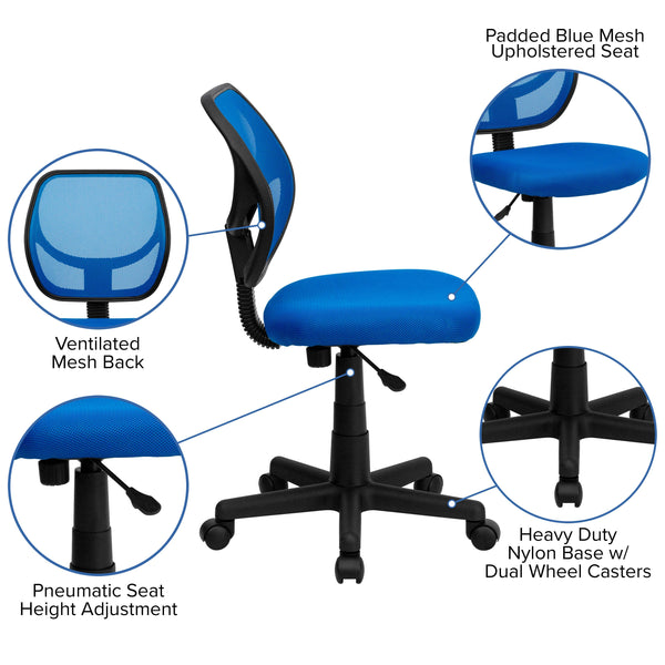 Blue |#| Low Back Blue Transparent Mesh Back Adjustable Height Swivel Task Office Chair