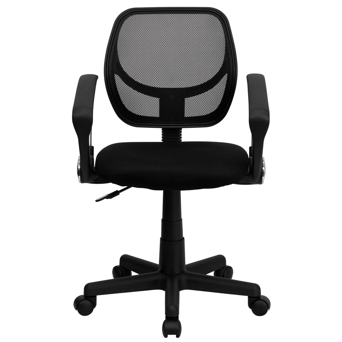 Black |#| Low Back Black Mesh Swivel Task Office Chair with Curved Square Back and Arms