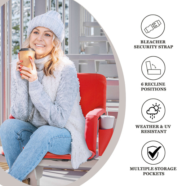 Red |#| Foldable Reclining Stadium Chair with Backpack Straps and Heated Seat - Red
