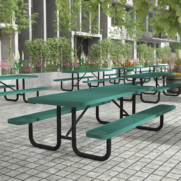 Green,8' |#| Commercial Grade 8' Rectangular Expanded Mesh Metal Outdoor Picnic Table - Black