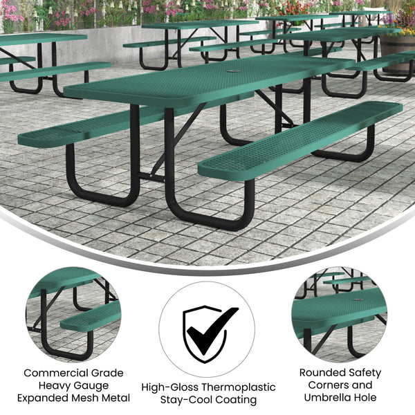 Green,8' |#| Commercial Grade 8' Rectangular Expanded Mesh Metal Outdoor Picnic Table - Black
