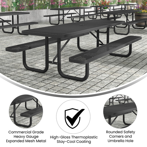 Black,8' |#| Commercial Grade 8' Rectangular Expanded Mesh Metal Outdoor Picnic Table - Black