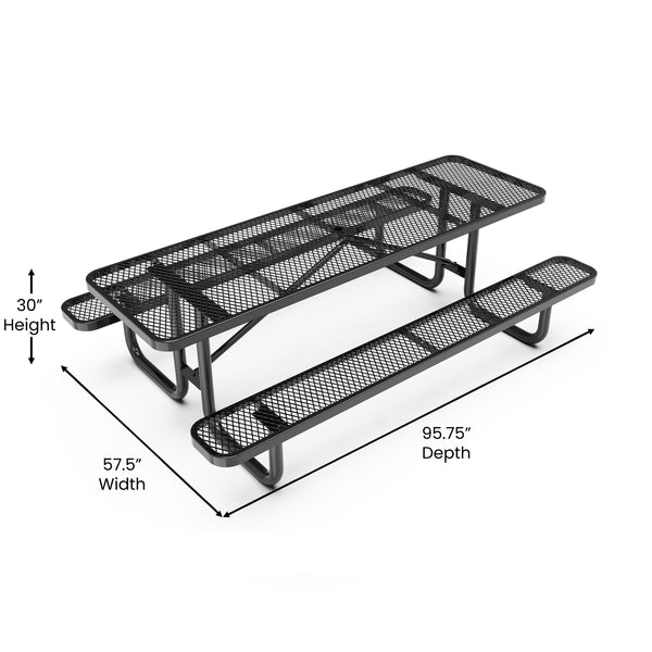 Black,8' |#| Commercial Grade 8' Rectangular Expanded Mesh Metal Outdoor Picnic Table - Black