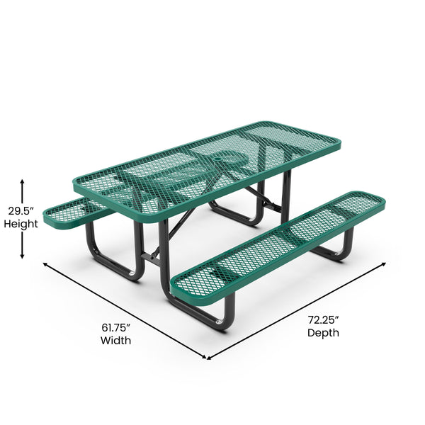 Green,6' |#| Commercial Grade 6' Rectangular Expanded Mesh Metal Outdoor Picnic Table - Green