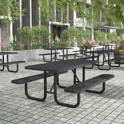Mantilla Outdoor Picnic Table with Commercial Heavy Gauge Expanded Metal Mesh Top and Seats and Steel Frame and Ground Anchors